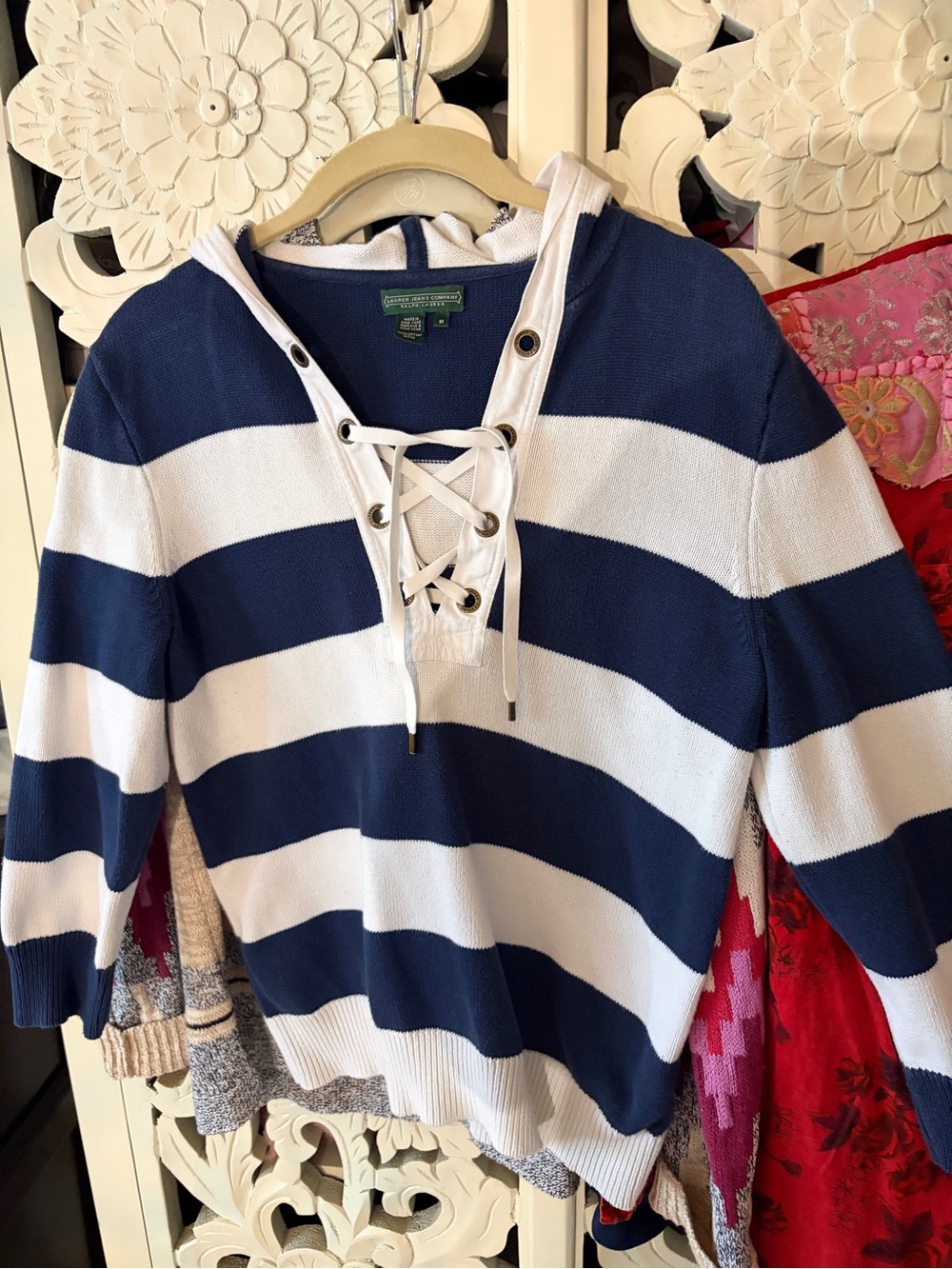 Ralph Lauren M sweater Navy and White Striped Lace-Up Women’s Sweater